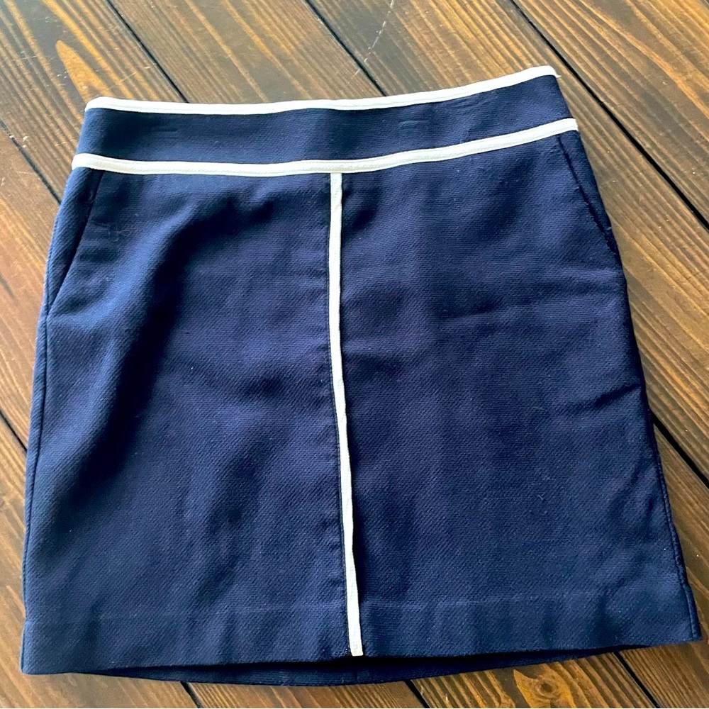 Ann Taylor Nautical Inspired Navy Blue Linen Skirt with White Piping size 8